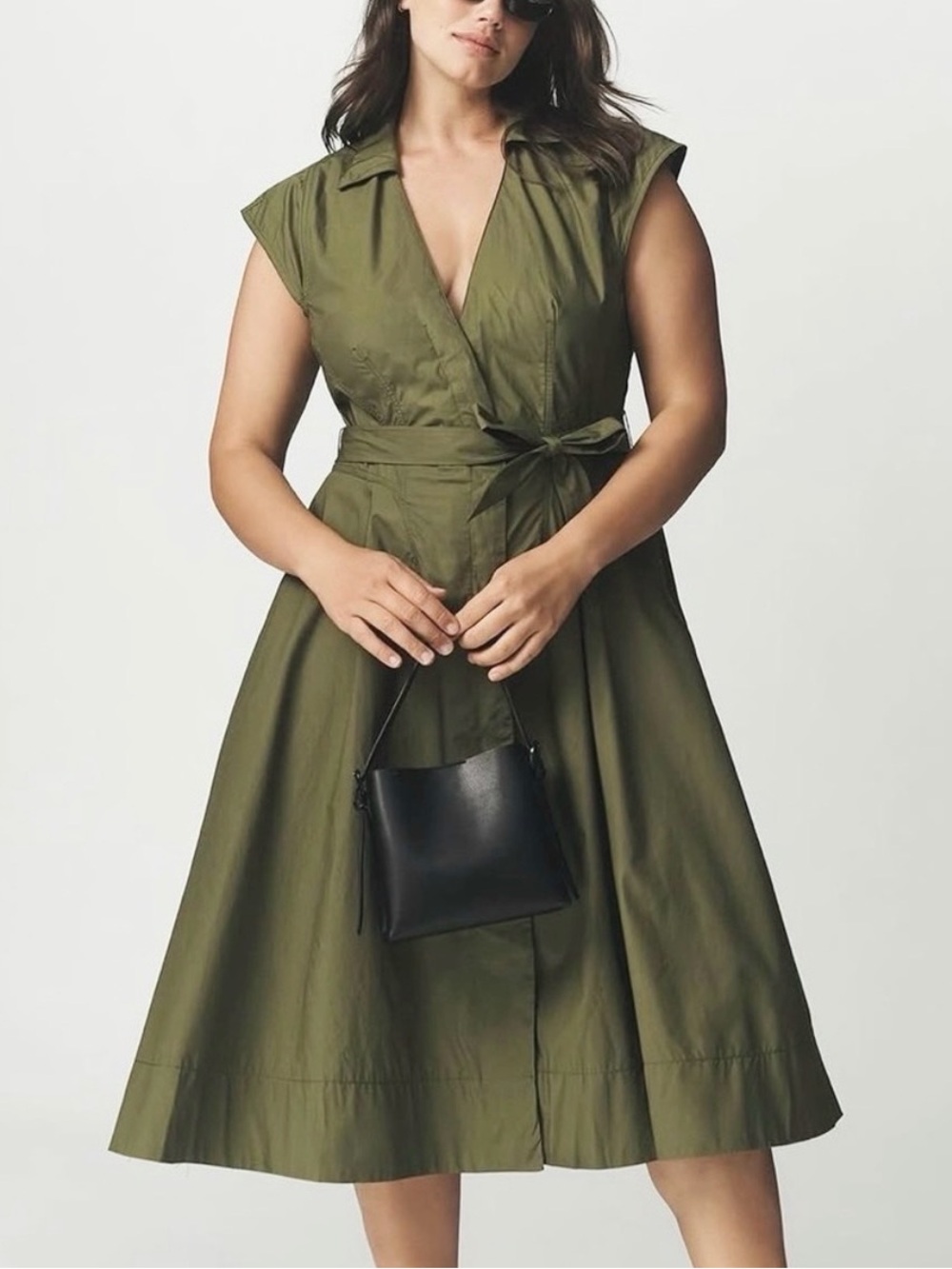 Maeve Anthropologie Cap Sleeve V-Neck Aline Cotton Utility Midi Dress w/ Pockets